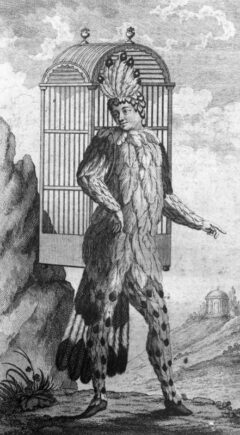 Emanuel Schikaneder als der erste Papageno. Aus dem Titelblatt der Erstausgabe des Librettos der Zauberflöte, erschienen in Wien, 1791.