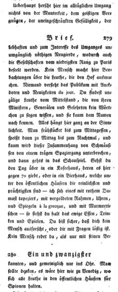Johann Kaspar Riesbeck: Briefe eines reisenden Franzosen über Deutschland an seinen Bruder zu Paris. Erster Band. 1783 , Seite 278-230.